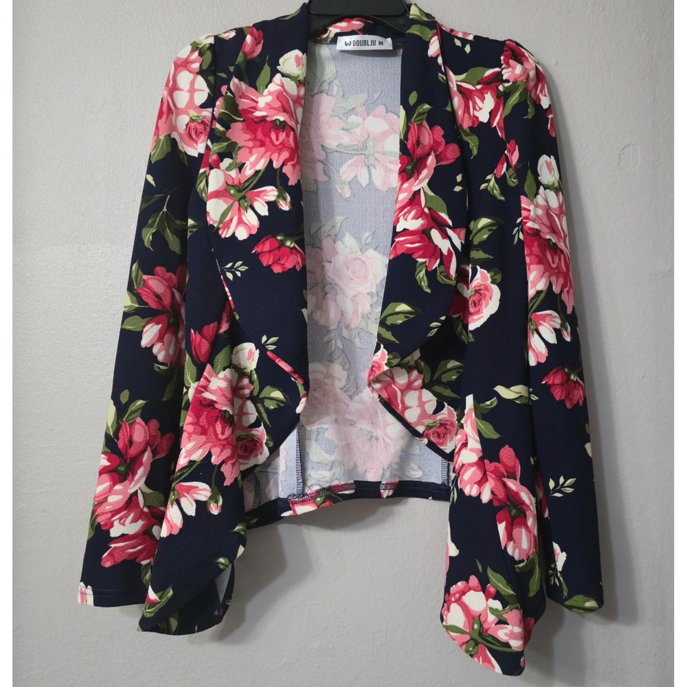 Doublju Womens Navy Blue Floral Open Front Draped Cardigan Blazer Sz M NoWrinkle
